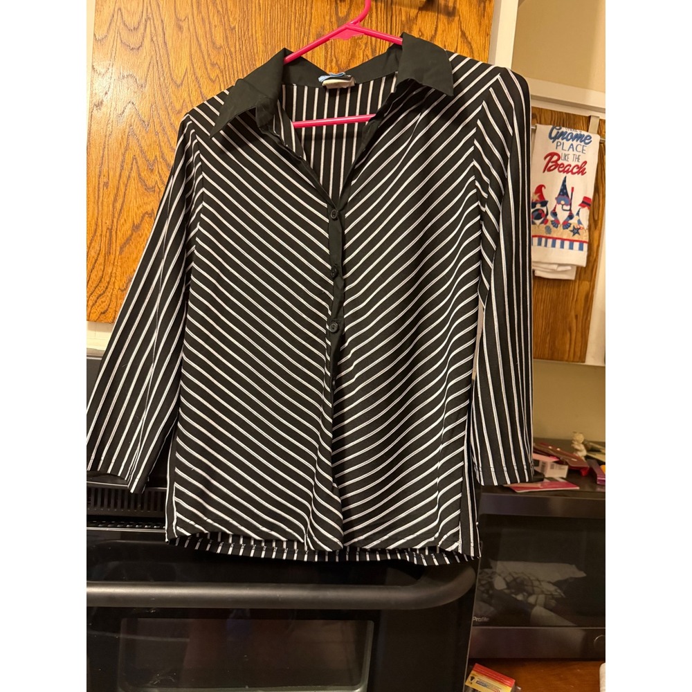 JKLA California‎ Womens Black White Striped Button Up Blouse Large 7638638